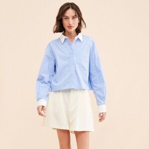 Rue Sophie Blue and White Striped Button-Up Shirt